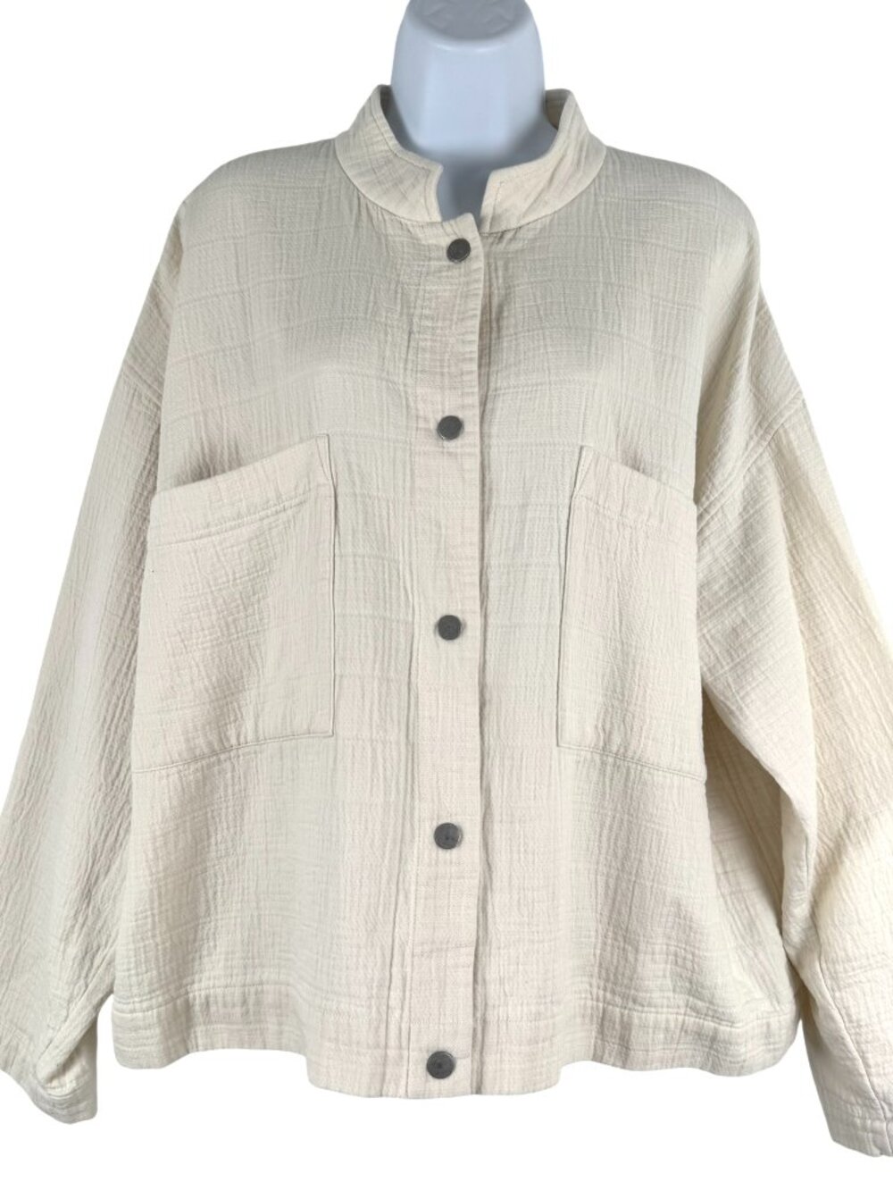 Eileen Fisher Organic Cotton Mandarin Collar Channel Jacket L/XL Ivory CJ-2423